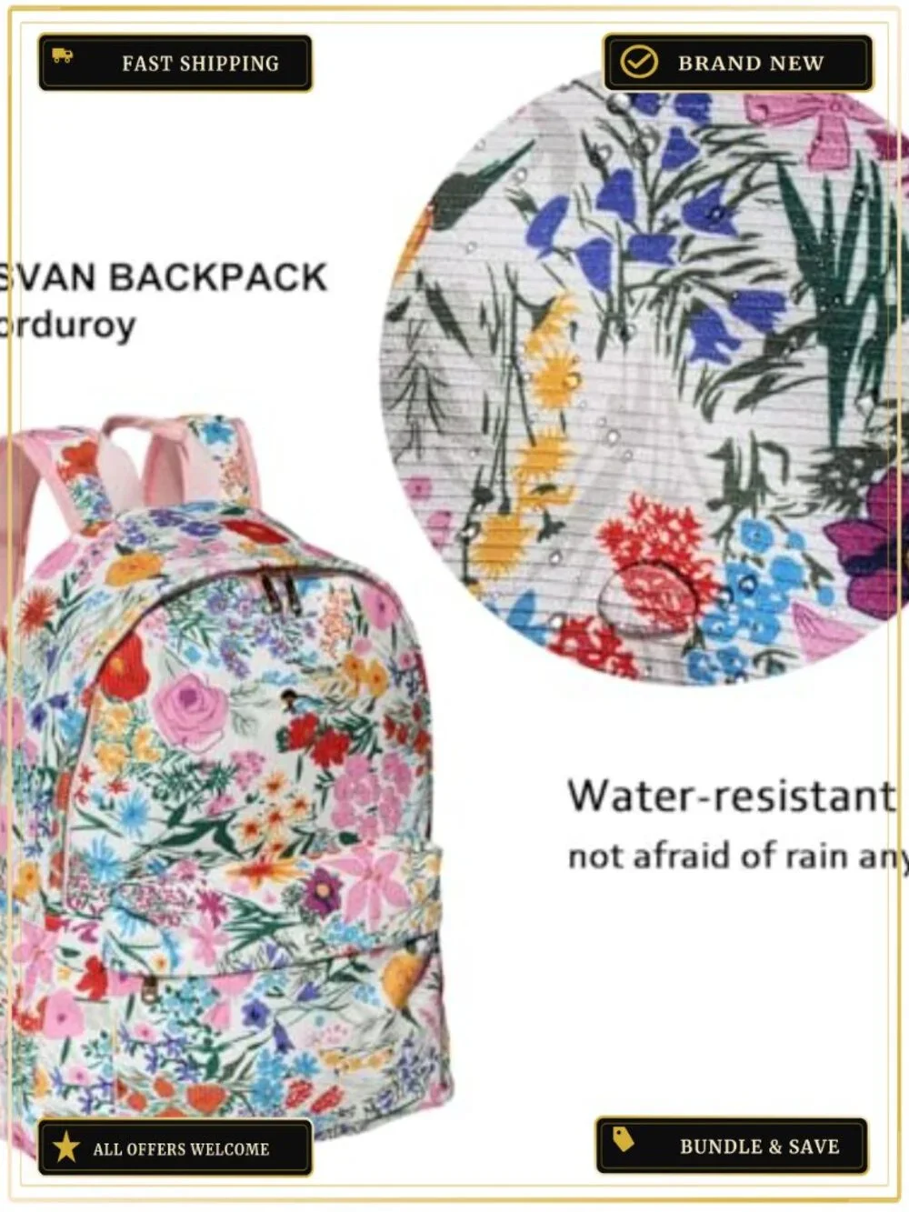 Corduroy Travel Backpack Waterproof Lightweight Padded Straps Laptop